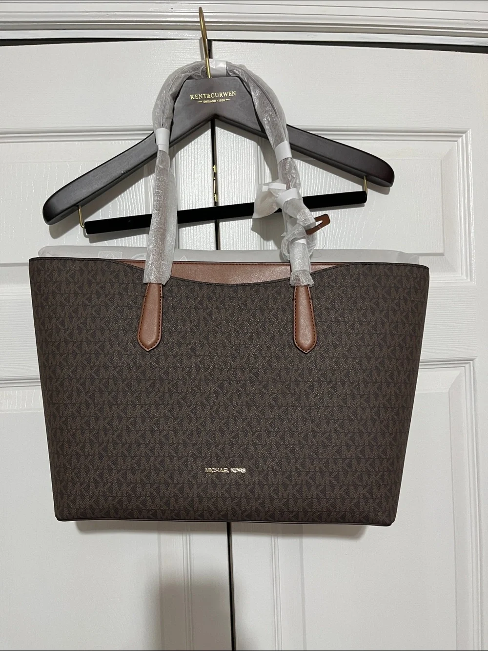 Michael Kors Dark Brown Logo Tote with Tan Trim